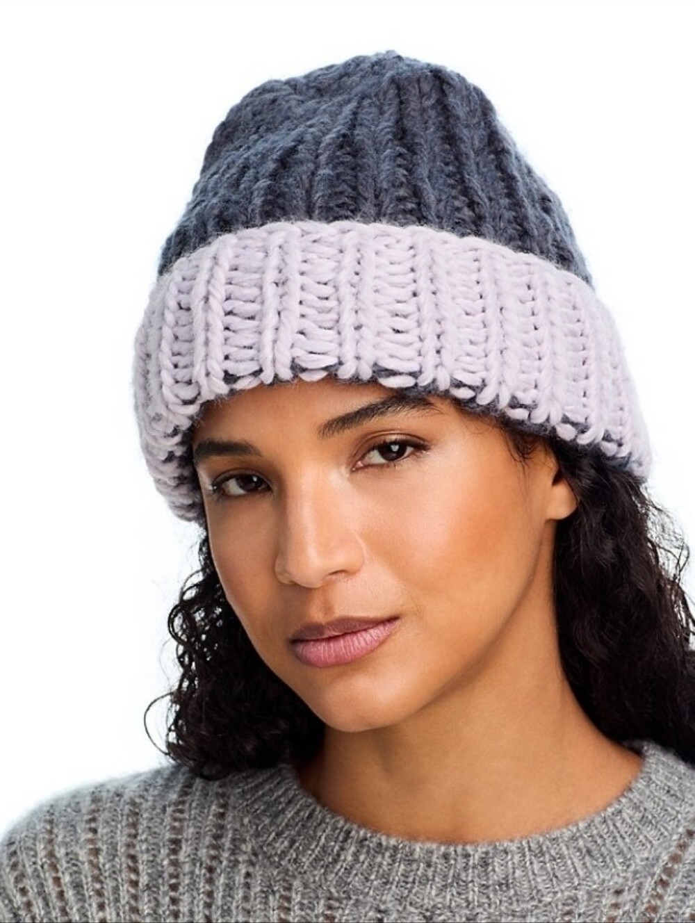 Chunky Knit Two-Tone Beanie - Gray and Light Pink